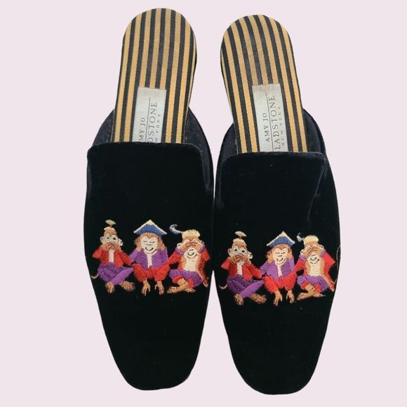 Amy Jo Gladstone Shoes - Amy Jo Gladstone Black Velvet Mule Handmade Embroidered Monkeys